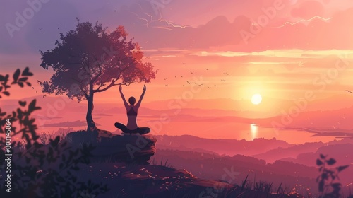 The serenity of a person practicing sunrise yoga on a quiet hilltop, greeting the day with peace and positivity.