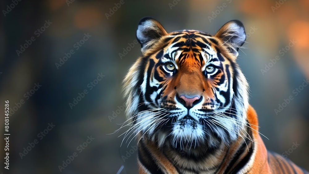 Fototapeta premium The Close-Up Portrait of a Tiger Captures its Powerful Gaze and Majestic Presence as an Endangered Big Cat. Concept Wildlife photography, endangered species, tiger conservation, nature conservation