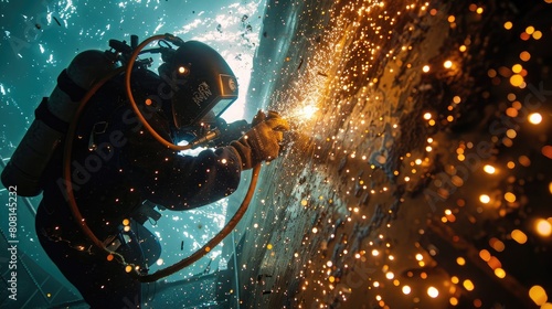 Diver using specialized underwater welding gear on an offshore oil rig, focusing on the sparks and aquatic environment.