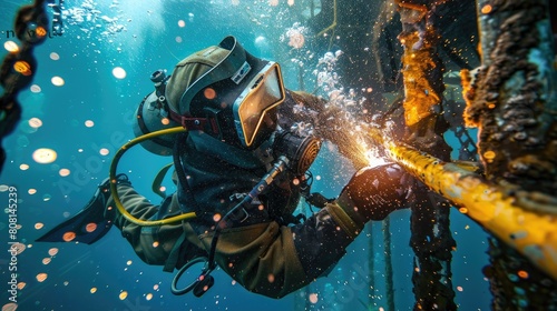 Diver using specialized underwater welding gear on an offshore oil rig, focusing on the sparks and aquatic environment. © BMMP Studio