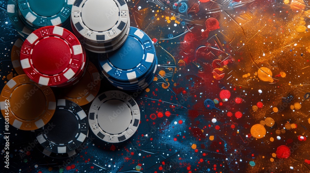 A stack of casino chips lies on the table. AI generation.