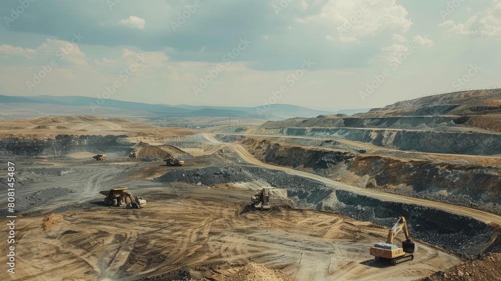Large gold mining site with excavators digging in a vast open pit.