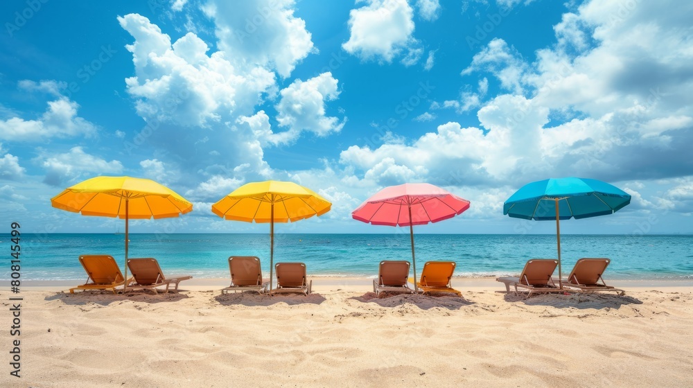 vibrant beach umbrellas and loungers on golden sand epitomizing summer vacation bliss