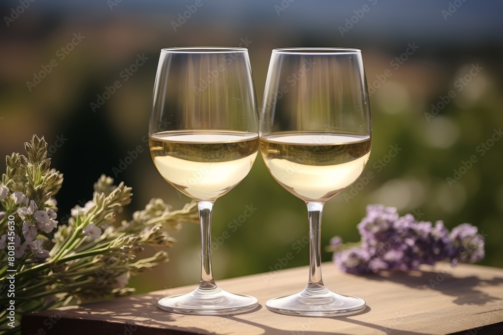 Spring picnic wine glasses and bottle on lavender field, perfect for a relaxing outdoor gathering Spring picnic wine glasses and bottle on lavender field, perfect for a relaxing outdoor gathering