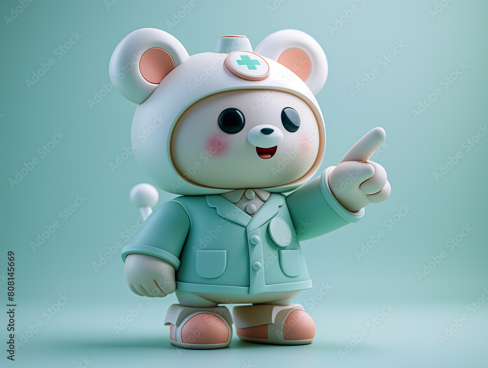 3D illustration of a cute bear doctor character pointing upward 3D illustration of a cute bear doctor character pointing upward