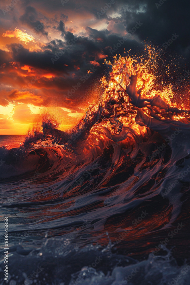 A powerful interaction of fiery orange and deep navy waves, clashing in a spectacular display that mimics the dramatic and intense sunsets seen over the sea.