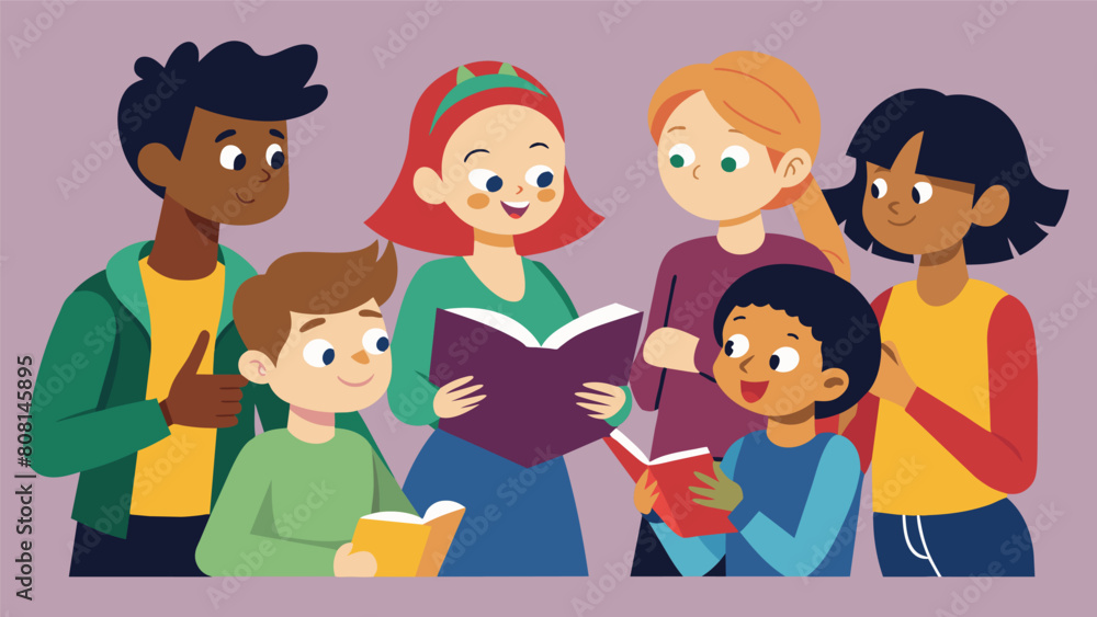 The young readers are engrossed in the discussion chatting animatedly about their favorite characters and plot twists.. Vector illustration The young readers are engrossed in the discussion chatting animatedly about their favorite characters and plot twists.. Vector illustration