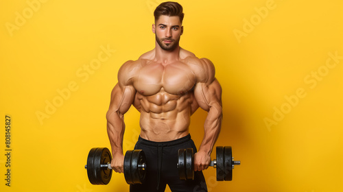 muscular bodybuilder athlete man with perfect body and naked torso exercising with dumbbell on yellow background, bodybuilding athletic male studio shot