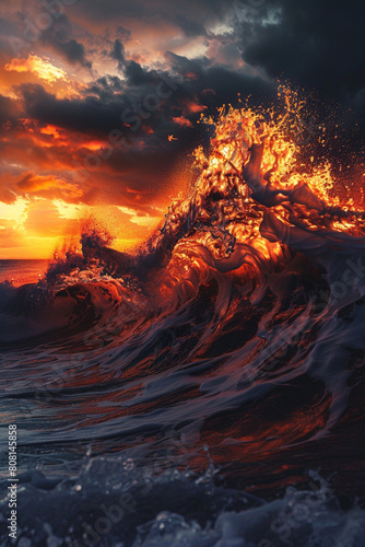 A powerful interaction of fiery orange and deep navy waves, clashing in a spectacular display that mimics the dramatic and intense sunsets seen over the sea.
