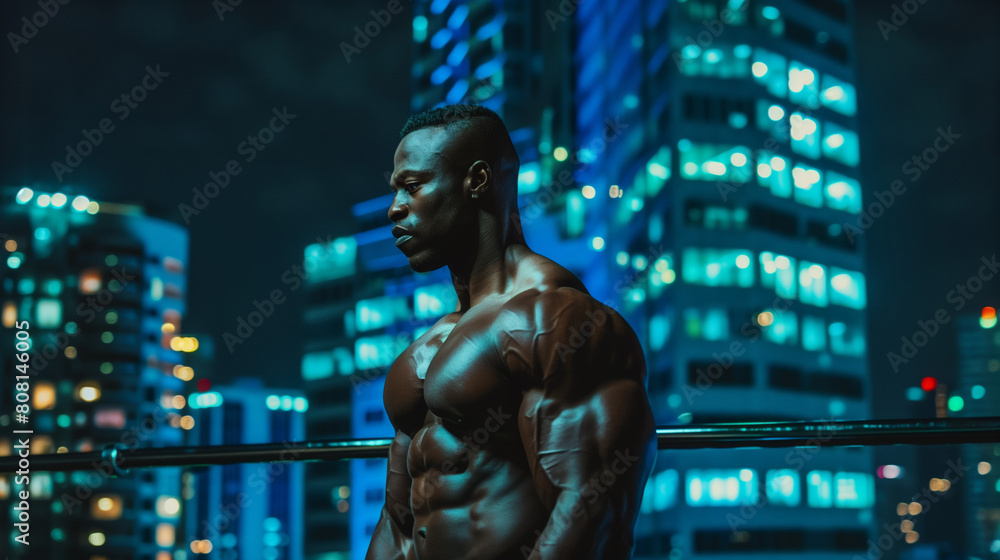 muscular bodybuilder athlete man with perfect body and naked torso on modern night city with skyscrapers background, african american bodybuilding athletic male in downtown muscular bodybuilder athlete man with perfect body and naked torso on modern night city with skyscrapers background, african american bodybuilding athletic male in downtown