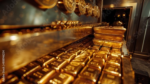 Secure transaction of gold bars in a vault with surveillance, focusing on security and trade.