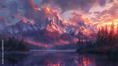 mountain sunrise, the gentle sunrise illuminating the towering mountains, filling the tranquil morning with a vibrant warmth that awakens the serene landscape