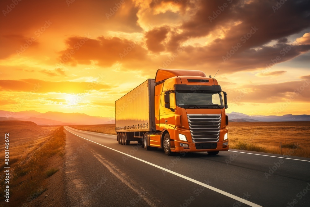 Global transportation tech  business logistics, import export, container cargo truck on highway