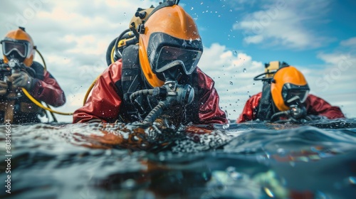 Team of underwater welders entering the water, preparing their tools and safety gear, focus on teamwork and preparation. photo