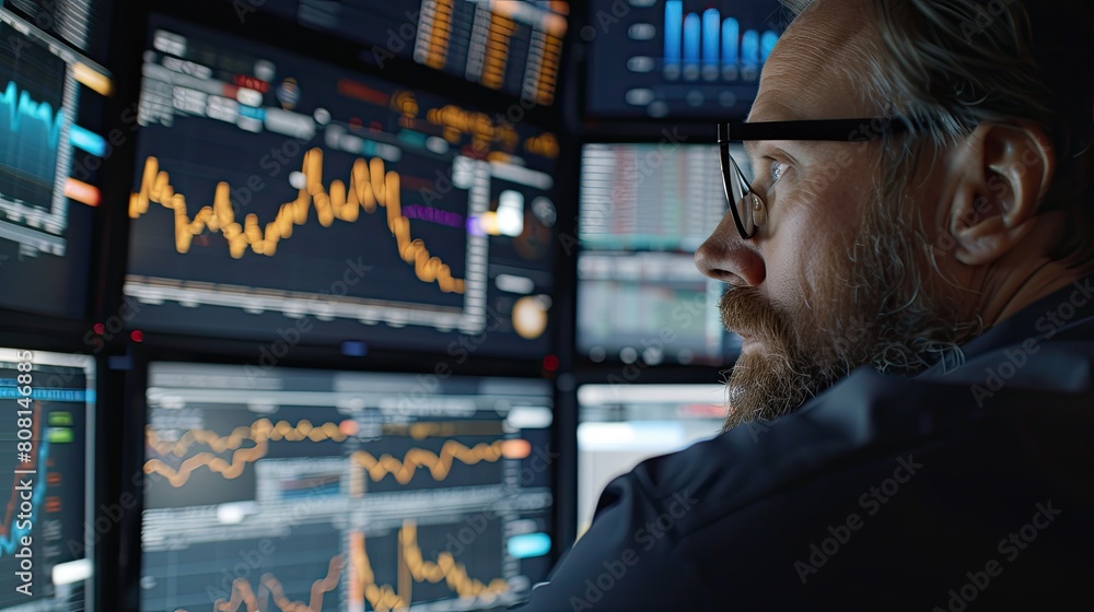 Trader pointing at a fluctuating gold trading graph on a computer, discussing it on a phone. Trader pointing at a fluctuating gold trading graph on a computer, discussing it on a phone.