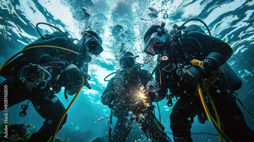 Team of underwater welders entering the water, preparing their tools and safety gear, focus on teamwork and preparation.