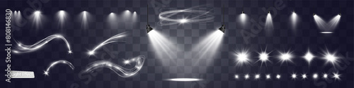 	
Light white wave and spotlight,meteor shine effect,vector glow line sparkle shine. Silver wavy effects.