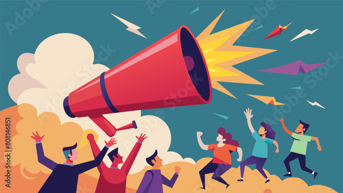 A towering megaphone projecting intense warnings and sparking chaos a a group of fearful individuals..