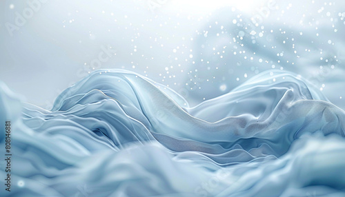 A serene and elegant interaction of soft blue and pearl white waves, merging in a graceful dance that evokes the calmness of a gentle snowfall.