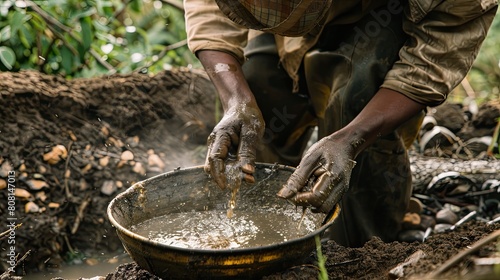 Traditional gold miner washing and sifting soil in a makeshift sluice, rural setting.