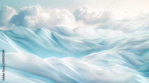 A serene blend of pearl white and sky blue waves, merging in a calm and dreamlike fashion that evokes the softness of morning clouds.