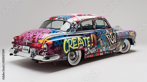 Retro Car with Graffiti and the Word Create! Written on It. Realistic vintage car concept illustration.