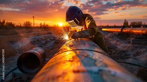 Welder at sunset welding a pipeline outdoors, showcasing the dramatic and skilled nature of the job.