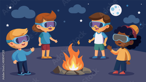 Five kids standing in a circle their AR headsets displaying a virtual campfire as they tell spooky stories and roast virtual marshmallows.. Vector illustration