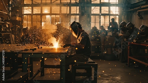 Welder teaching arc welding techniques to students in a vocational training facility, sparks illuminating the scene. photo
