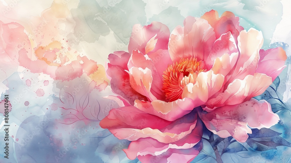 A mesmerizing watercolor captures the beauty of peony flowers in full bloom, their lush petals unfurling like delicate layers of silk in a vibrant array of colors.