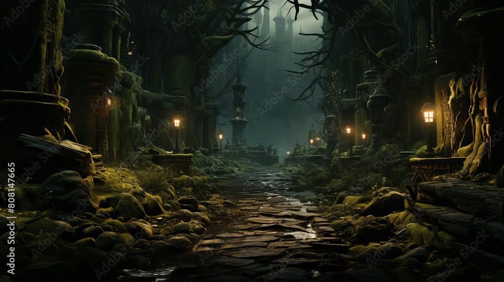 A dark and mysterious path leads deep into a dense forest