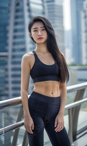 Free Download muscular athlete woman with perfect body on modern city with skyscrapers background, fitness and athletic asian chinese female in downtown - GFXLoad