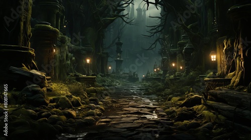A dark and mysterious path leads deep into a dense forest
