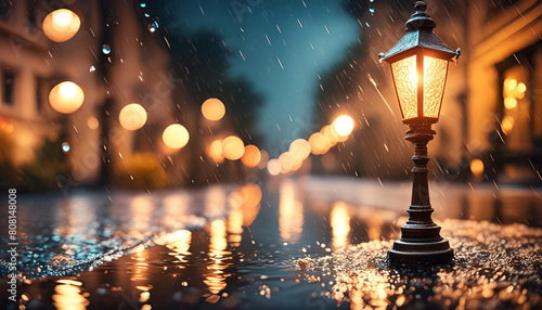 The streetlights and store lights shine brightly on a day when there is a shower.