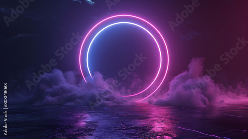 A cosmic landscape rendered in 3D, featuring a round portal emitting pink and blue neon light. Evoking a sense of virtual reality and energy, it frames a dark space with a glowing round frame  © Sajjad