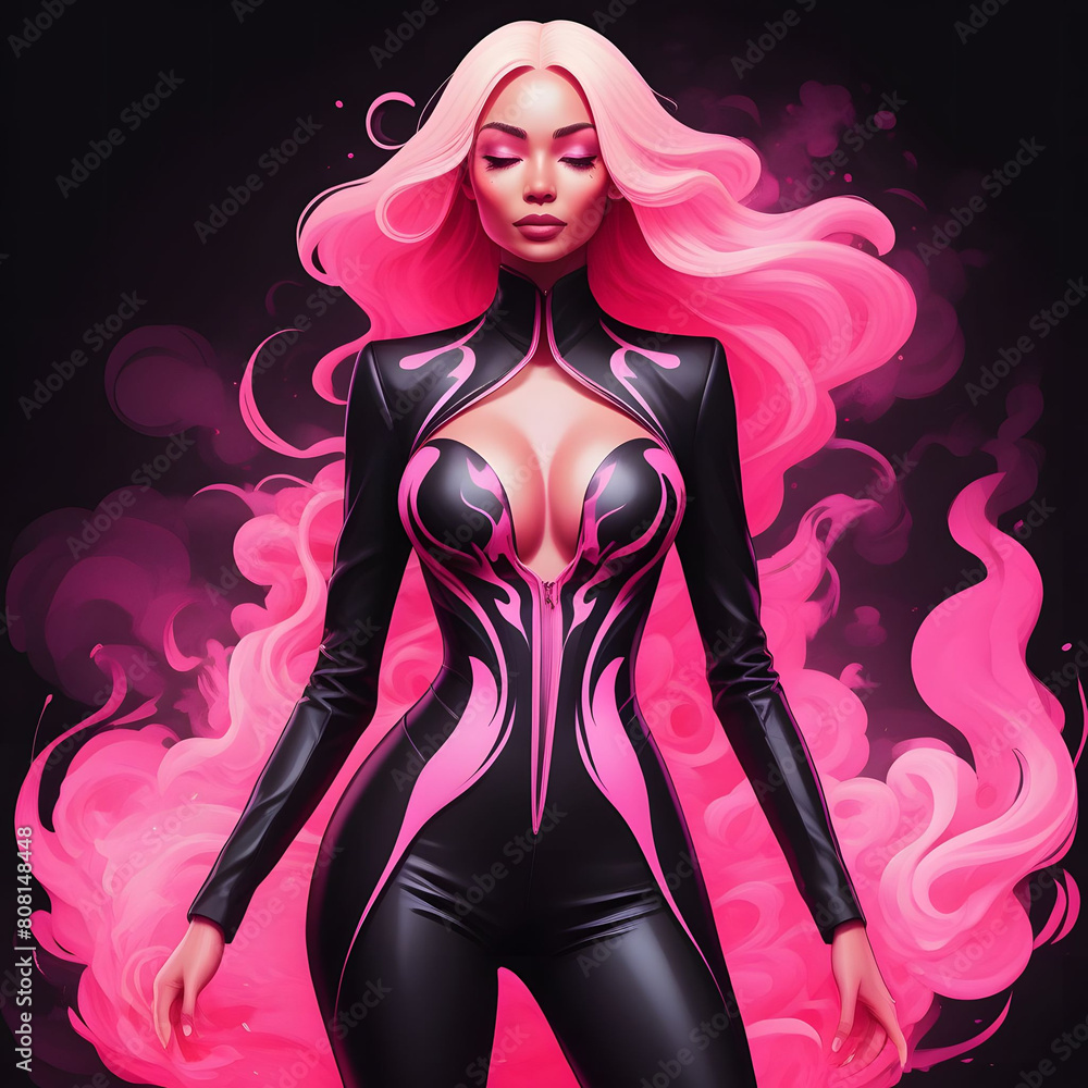 light-skinned woman in a spectacular black suit decorated with a pink bodysuit, the body is shrouded in smoke dark background feeling of movement light-skinned woman in a spectacular black suit decorated with a pink bodysuit, the body is shrouded in smoke dark background feeling of movement