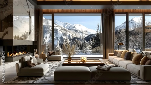 Luxurious Mountain Chalet Living Room with Cozy Furnishings  Fireplace  and Expansive Windows. Concept Luxury Living Room  Mountain Chalet  Cozy Furnishings  Fireplace  Expansive Windows