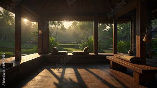 Serene Javanese Heritage Haven Interior. Traditional wooden joglo architecture, peaceful rice paddy views