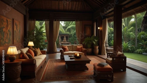 Luxurious Javanese Heritage Villa Interior. Sumptuous joglo-style living spaces, elegant terracotta tile floors, lush tropical gardens