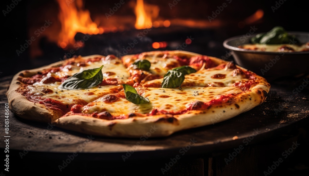 A freshly baked pizza sits on a pan next to a crackling fire A freshly baked pizza sits on a pan next to a crackling fire