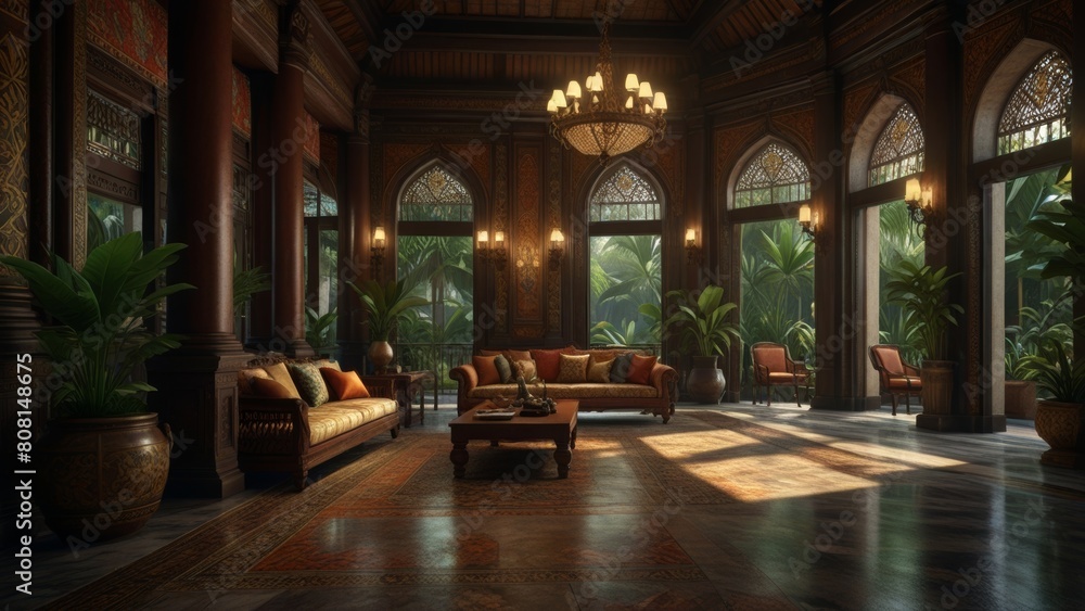 Cultural Fusion in Javanese Opulence. Elegant fusion of Javanese and colonial architecture, ornate colonial-era furnishings.