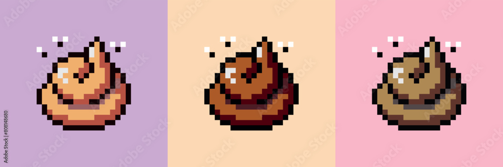Pixel art brown poop vector illustration set. Cartoon image emoji bunch shit. Icon pile of dog poo with flies in style of old eight-bit games isolated on color background. Pixel art brown poop vector illustration set. Cartoon image emoji bunch shit. Icon pile of dog poo with flies in style of old eight-bit games isolated on color background.
