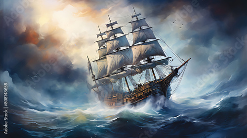 Produce a watercolor background featuring an old sailing ship navigating through stormy seas under dark, brooding skies