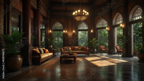 Cultural Fusion in Javanese Opulence. Elegant fusion of Javanese and colonial architecture  ornate colonial-era furnishings.