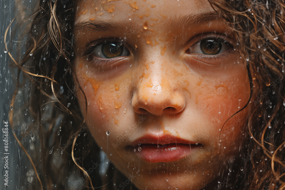 Close-up of a child's face blended with the texture of falling rain Close-up of a child's face blended with the texture of falling rain