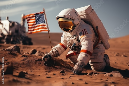 Astronaut planting a flag on the surface of Mars during a manned mission