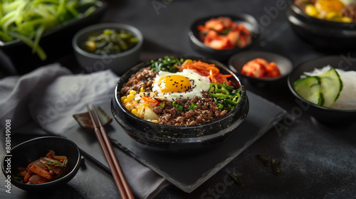 Korean cuisine, bibimbap, stone bowl, mixed rice, sunny-side up egg