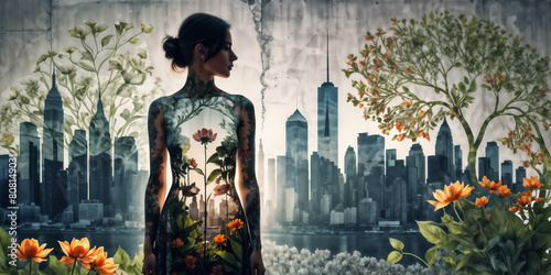 woman with tattoos stands in front of a cityscape. Her back is adorned with a garden of flowers, and she faces away from the viewer. The image is a digital painting.