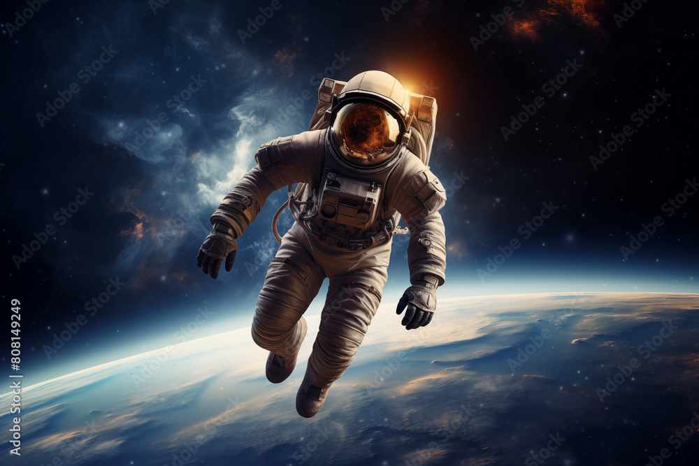 Astronaut floating in the vastness of space with Earth in the background Astronaut floating in the vastness of space with Earth in the background