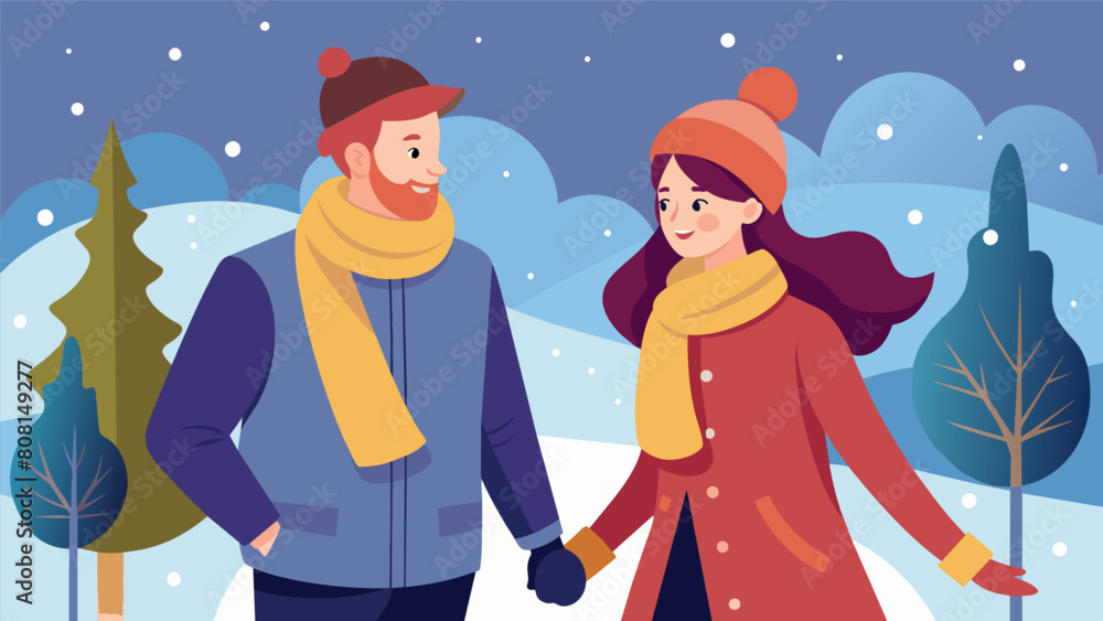 A couple on a romantic walk bundled up in scarves and hats enjoying the crisp winter air.. A couple on a romantic walk bundled up in scarves and hats enjoying the crisp winter air..